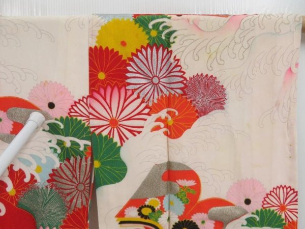Photo6: 4805T01z880 Vintage Japanese Kimono Jinken Girl's  Chrysanthemum Off-white (6)