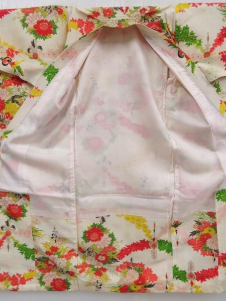 Photo8: 4805T03z420 Vintage Japanese Kimono Jinken Girl's  Flowers Sand beige (8)
