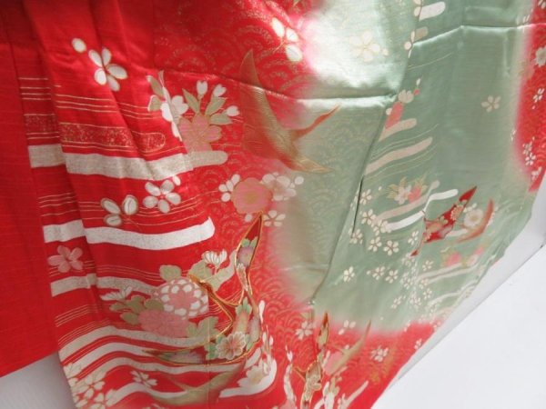 Photo3: 4805T07z960 Vintage Japanese Kimono Silk Girl's  Flying crane Red (3)