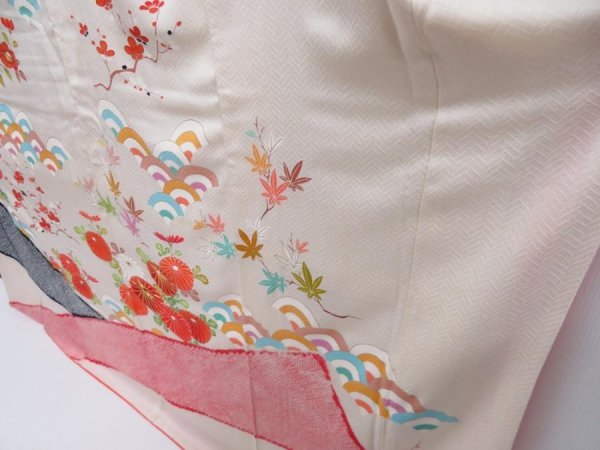Photo4: 4810T10z1210 Vintage Japanese Kimono Silk FURISODE Chrysanthemum Off-white (4)