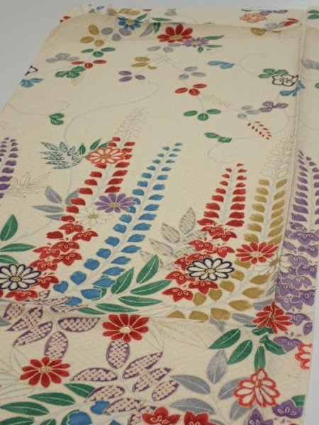 Photo3: 2A02z60  Japanese Kimono Silk  FABRIC Flowers Off-white 47.2x14.8 (3)