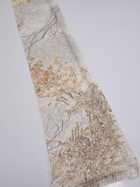 Photo2: 1V08z40  Japanese Kimono Silk  FABRIC Branch Off-white 60.6x7.5 (2)