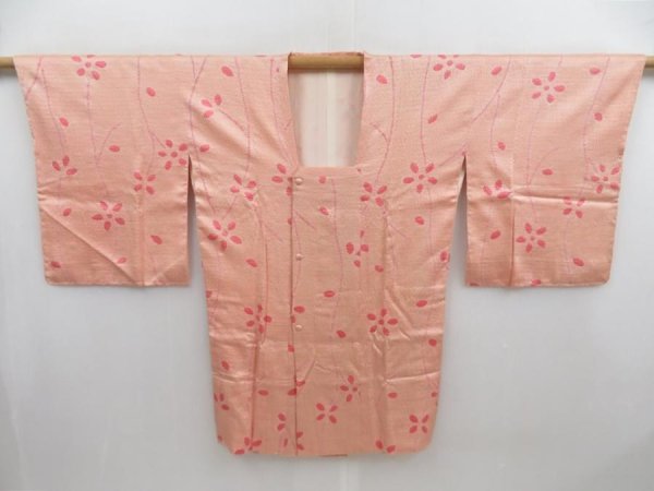 Photo5: 4813T04z580 Vintage Japanese Kimono Silk HAORI COAT Flower Peach (5)
