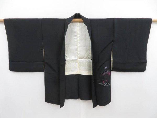 Photo5: 4813T05z540 Vintage Japanese Kimono Silk HAORI Flowers Black (5)