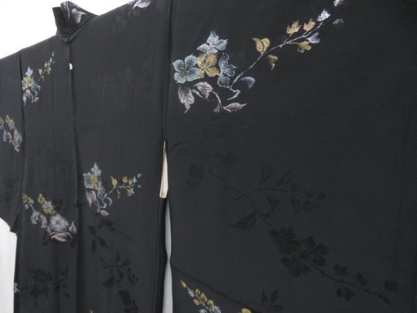 Photo2: 4813T07z540 Vintage Japanese Kimono Silk HAORI Flowers Black (2)