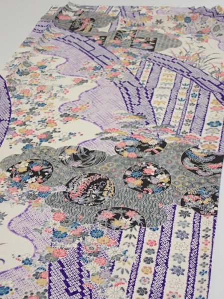 Photo3: 2R04z60  Japanese Kimono Silk  FABRIC Flowers Off-white 42.1x14.4 (3)