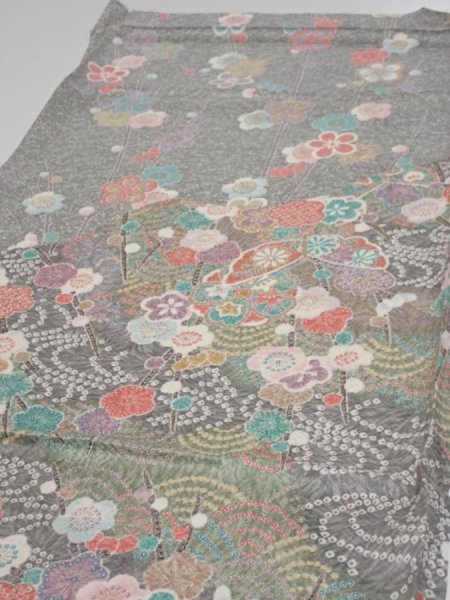 Photo3: 2R02z60  Japanese Kimono Silk  FABRIC Plum branch Light gray 43.3x14.8 (3)