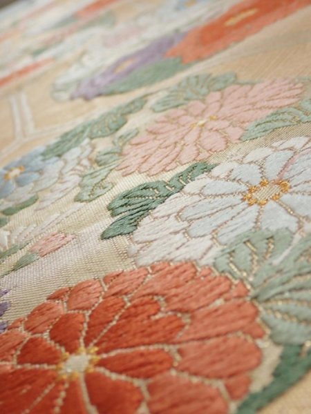 Photo4: 1D01z260 Vintage Japanese Kimono Silk Obi FABRIC material Peony Gold 52.8x12.2 (4)