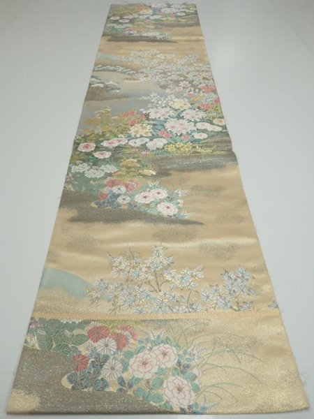 Photo5: 1D01z210  Japanese Kimono Silk Obi FABRIC material Flowers Cream-Gold 52.0x12.4 (5)