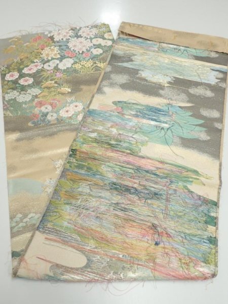 Photo6: 1D01z210  Japanese Kimono Silk Obi FABRIC material Flowers Cream-Gold 52.0x12.4 (6)