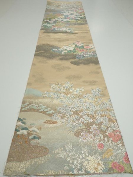 Photo5: 1D02z210  Japanese Kimono Silk Obi FABRIC material Flowers Cream-Gold 53.9x12.4 (5)