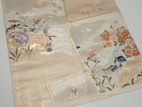 Photo2: 1D03z70  Japanese Kimono Silk Obi FABRIC material Birds Beige-Gold 15.7x12.2 (2)