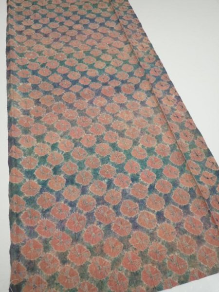 Photo2: 1Z04z80  Japanese Kimono Silk  FABRIC Shibori Dull cyan 65.7x15.0 (2)
