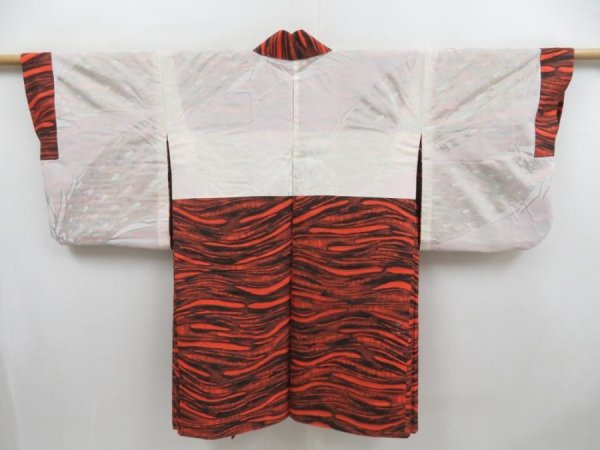 Photo6: 4819T13z410 Vintage Japanese Kimono Silk MEISEN HAORI Wave Orangered (6)