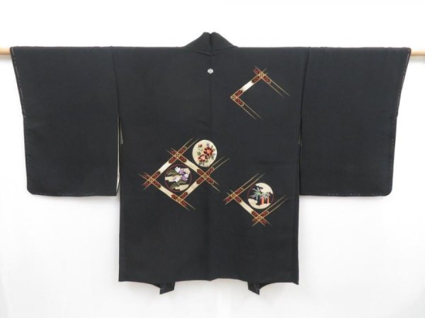 Photo1: 4820T01z640 Vintage Japanese Kimono Silk HAORI Flowers Black (1)