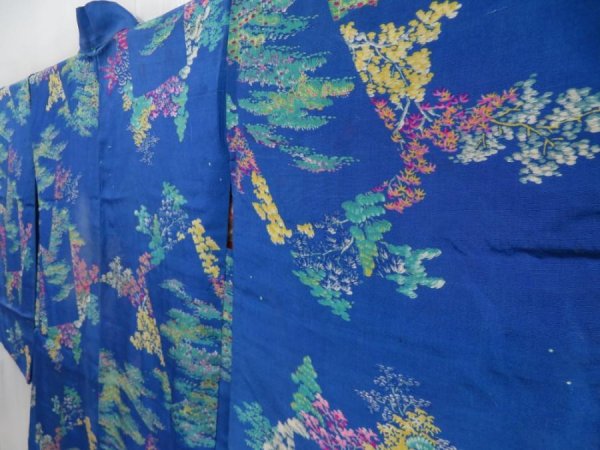 Photo3: 4820T04z570 Antique Japanese Kimono Silk HAORI Flowers Oriental blue (3)