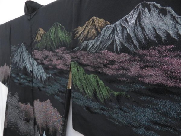 Photo2: 4820T07z690 Vintage Japanese Kimono Silk HAORI Mountain Black (2)