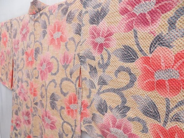Photo2: 4820T08z610 Vintage Japanese Kimono Silk SHIBORI HAORI Flower Champagne (2)