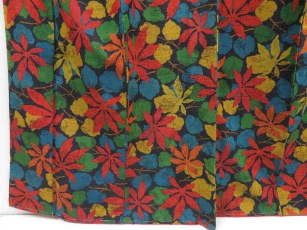 Photo4: 4824T02z1000 Vintage Japanese Kimono Blend silk TSUMUGI Leaves Black (4)