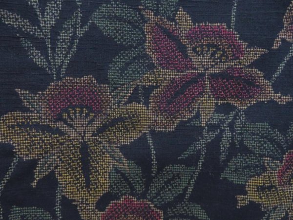 Photo6: 4824T05z800 Vintage Japanese Kimono Silk TSUMUGI Flower Dark navy (6)