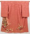 Photo1: 4915T13z580 Antique Japanese Kimono Silk IROTOMESODE Flowers Dark coral (1)