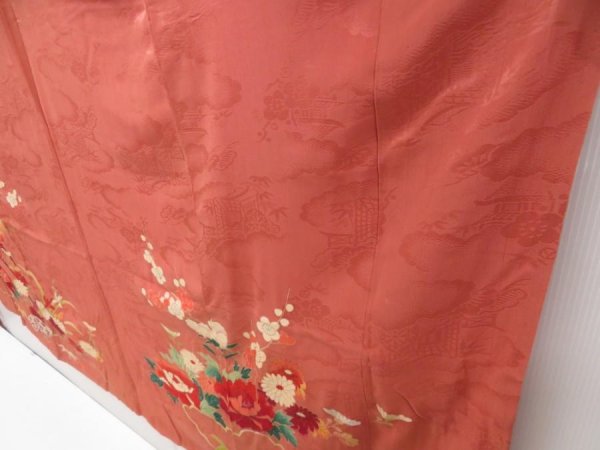 Photo4: 4915T13z580 Antique Japanese Kimono Silk IROTOMESODE Flowers Dark coral (4)