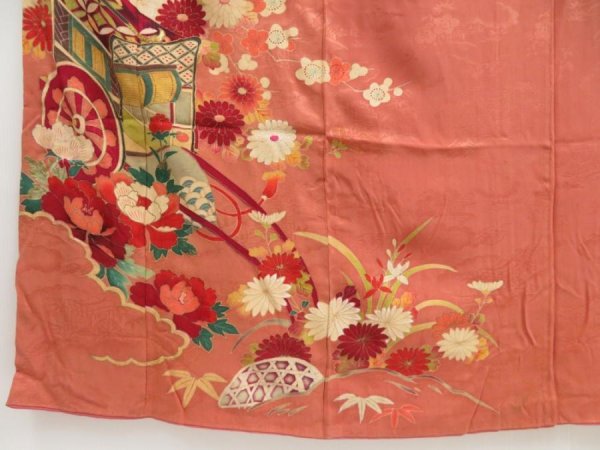 Photo6: 4915T13z580 Antique Japanese Kimono Silk IROTOMESODE Flowers Dark coral (6)
