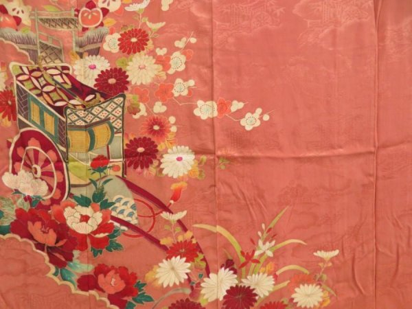 Photo8: 4915T13z580 Antique Japanese Kimono Silk IROTOMESODE Flowers Dark coral (8)