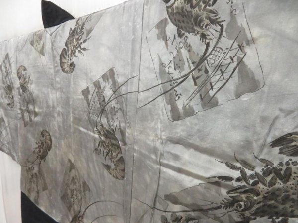 Photo2: 4916T06z610 Vintage Japanese Kimono Silk Men's HAORI Spiny Lobster Black (2)