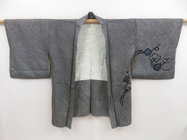 Photo5: 4916T08z650 Vintage Japanese Kimono Silk SHIBORI HAORI Plum branch Black (5)