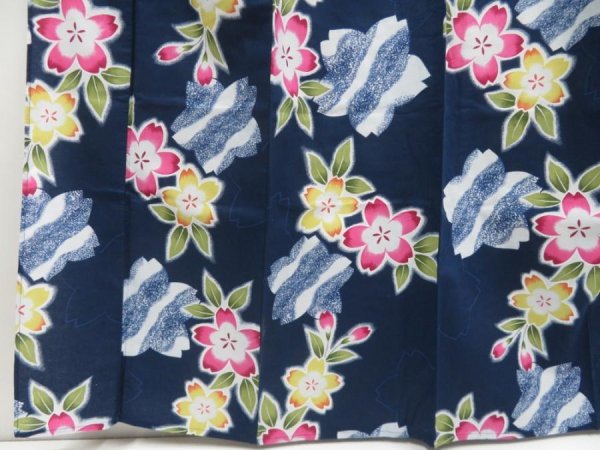 Photo4: 4917T11z430 Vintage Japanese Kimono Cotton YUKATA Sakura Navy (4)