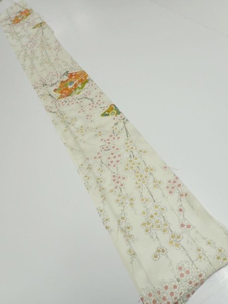 Photo5: 2E08z50  Japanese Kimono Silk  FABRIC Plum branch Lime-white 63.0x7.9 (5)