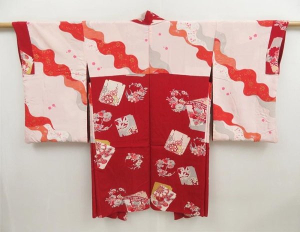 Photo2: 4922T13z500 Antique Japanese Kimono Silk HAORI Flowers Dark red (2)