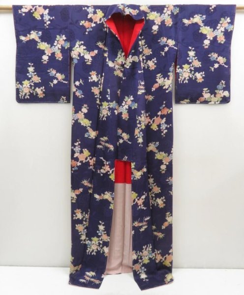Photo8: 4928T12z710 Antique Japanese Kimono Silk KOMON Flowers Dark purple (8)