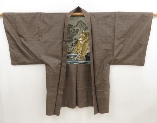 Photo3: 4929T08z490 Vintage Japanese Kimono Silk Men's HAORI Tiger Light brown (3)