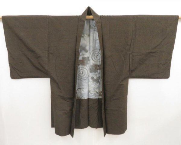 Photo4: 4930T11z630 Vintage Japanese Kimono Silk Men's HAORI Tiger Dark brown (4)