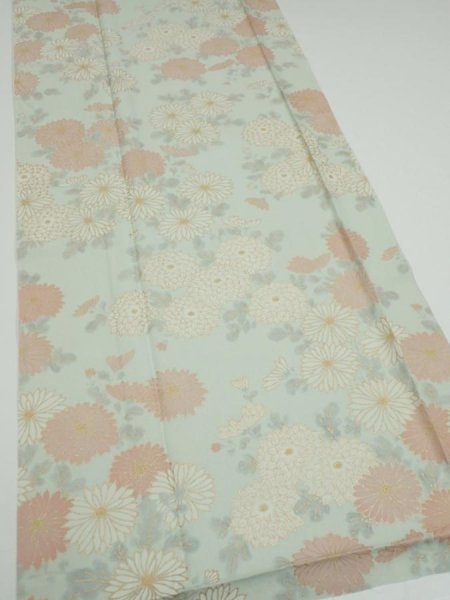 Photo2: 2Z03z90  Japanese Kimono Silk  FABRIC Chrysanthemum Light blue 66.1x14.6 (2)