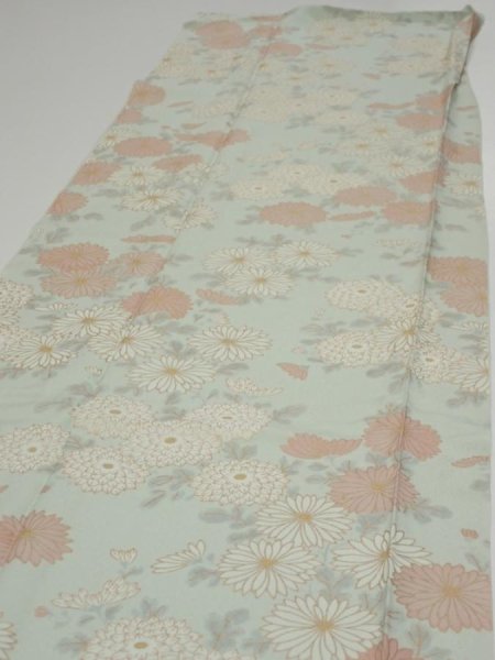 Photo3: 2Z04z90  Japanese Kimono Silk  FABRIC Chrysanthemum Light blue 65.4x14.6 (3)