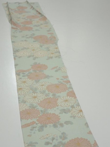 Photo3: 2Z07z50  Japanese Kimono Silk  FABRIC Chrysanthemum Light blue 59.1x7.5 (3)