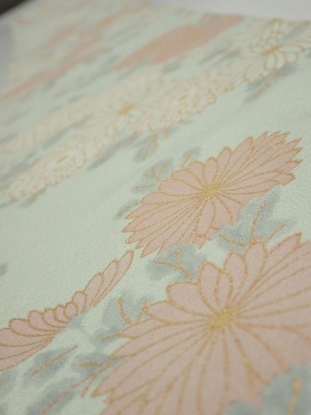 Photo4: 2Z07z50  Japanese Kimono Silk  FABRIC Chrysanthemum Light blue 59.1x7.5 (4)