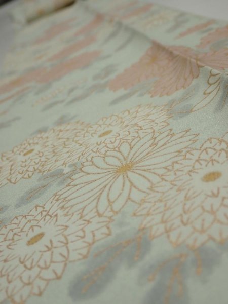Photo4: 2Z09z60  Japanese Kimono Silk  FABRIC Chrysanthemum Light blue 84.3x6.9 (4)
