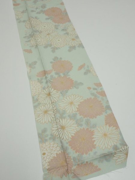 Photo2: 2Z10z30  Japanese Kimono Silk  FABRIC Chrysanthemum Light blue 40.9x6.3 (2)