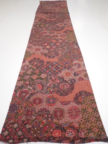 Photo5: 2Z06z100  Japanese Kimono Crepe Silk  FABRIC Flowers Dull red 64.6x15.0 (5)