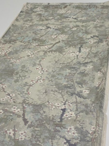 Photo3: 2Z01z40  Japanese Kimono Silk  FABRIC Plum tree Soft green 43.3x14.6 (3)