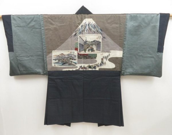 Photo1: 4931T08z540 Vintage Japanese Kimono Silk Men's HAORI Mt.Fuji Dark navy (1)