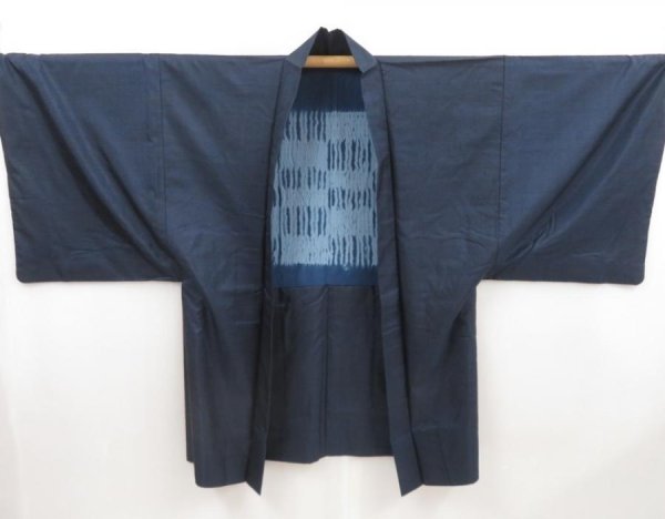Photo1: 5001T03z560 Vintage Japanese Kimono Silk Men's HAORI  Navy-Gray (1)
