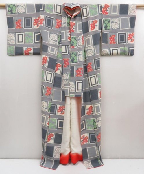 Photo8: 5003T02z970 Vintage Japanese Kimono Silk KOMON Camellia Dark gray (8)