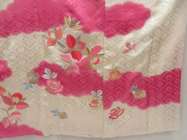 Photo7: 5004T13z1040 Vintage Japanese Kimono Silk FURISODE Peony Pink-Purple (7)