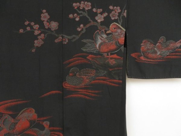 Photo3: 5012T03z570 Vintage Japanese Kimono Silk URUSHI HAORI Mandarin duck Black (3)