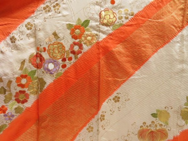 Photo8: 5012T12z1080 Vintage Japanese Kimono Silk FURISODE Flowers Dark orange (8)
